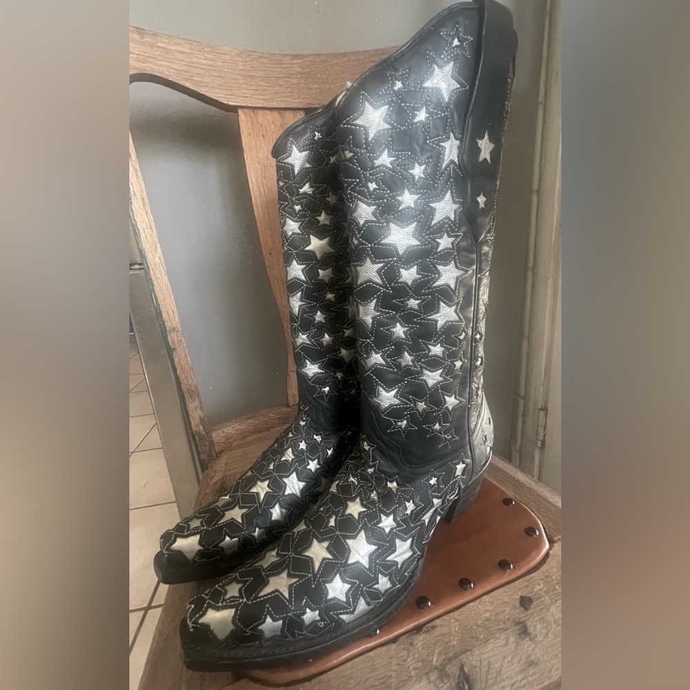 SILVER STARS! Leather Star Inlay Cutouts Cowboy Western Boots, New, Unworn W9
